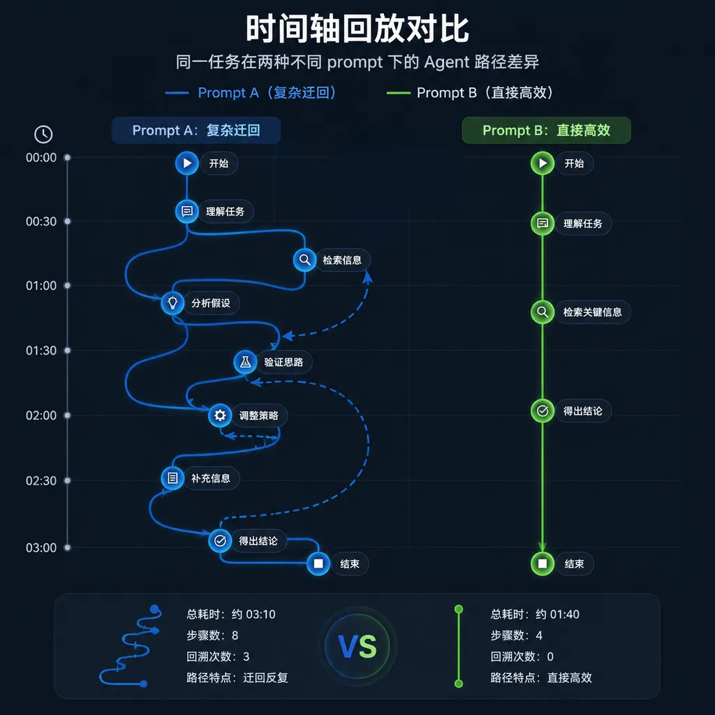 时间轴回放对比——同一任务在两种不同 prompt 下的 Agent 路径差异,一条路径蜿蜒回绕,一条相对直线