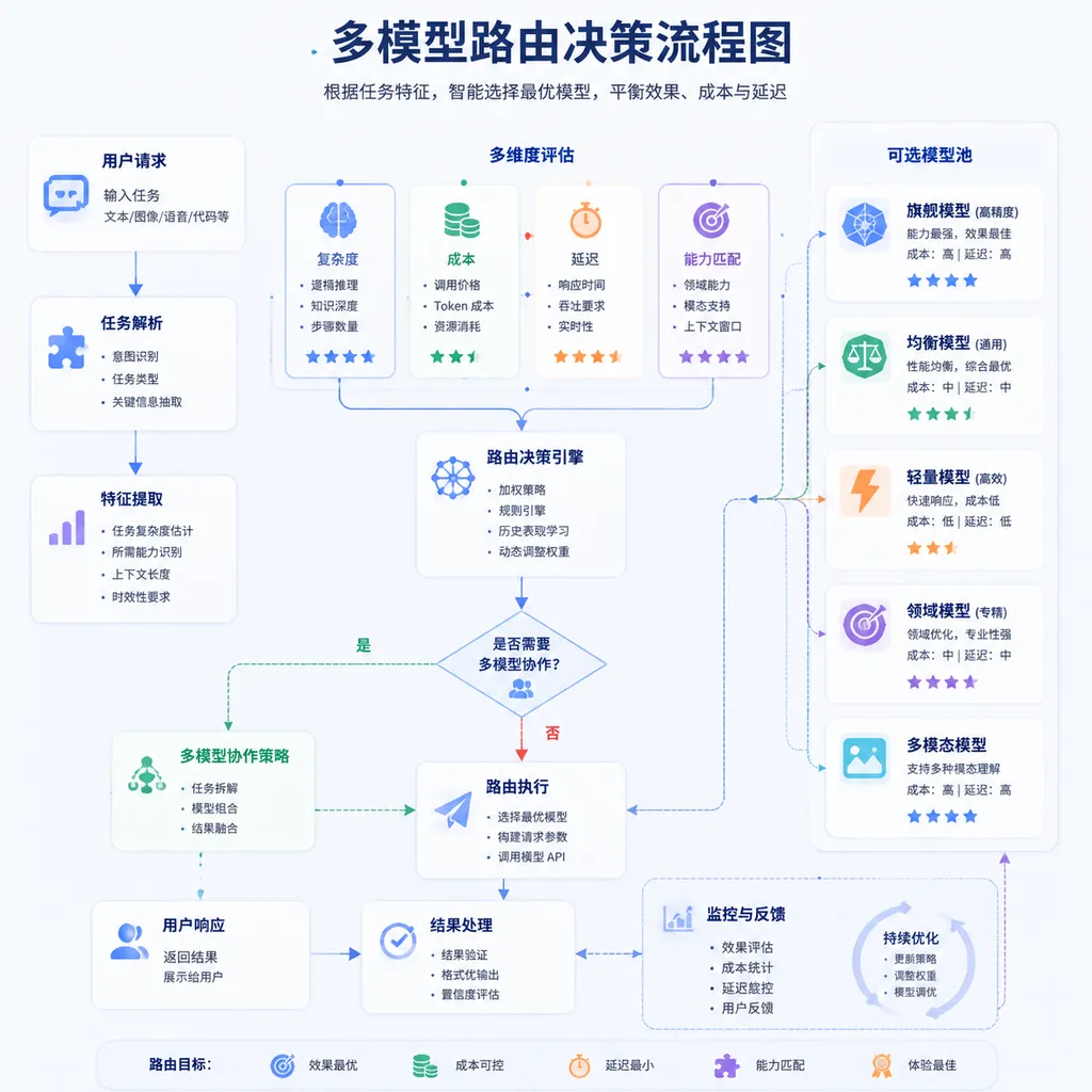 一张多模型路由的决策流程图,展示任务如何根据复杂度、成本、延迟、能力等维度被路由到不同模型