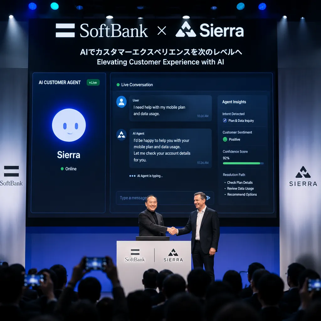 软银与Sierra合作发布会现场,屏幕上展示AI客服代理与用户对话的实时演示