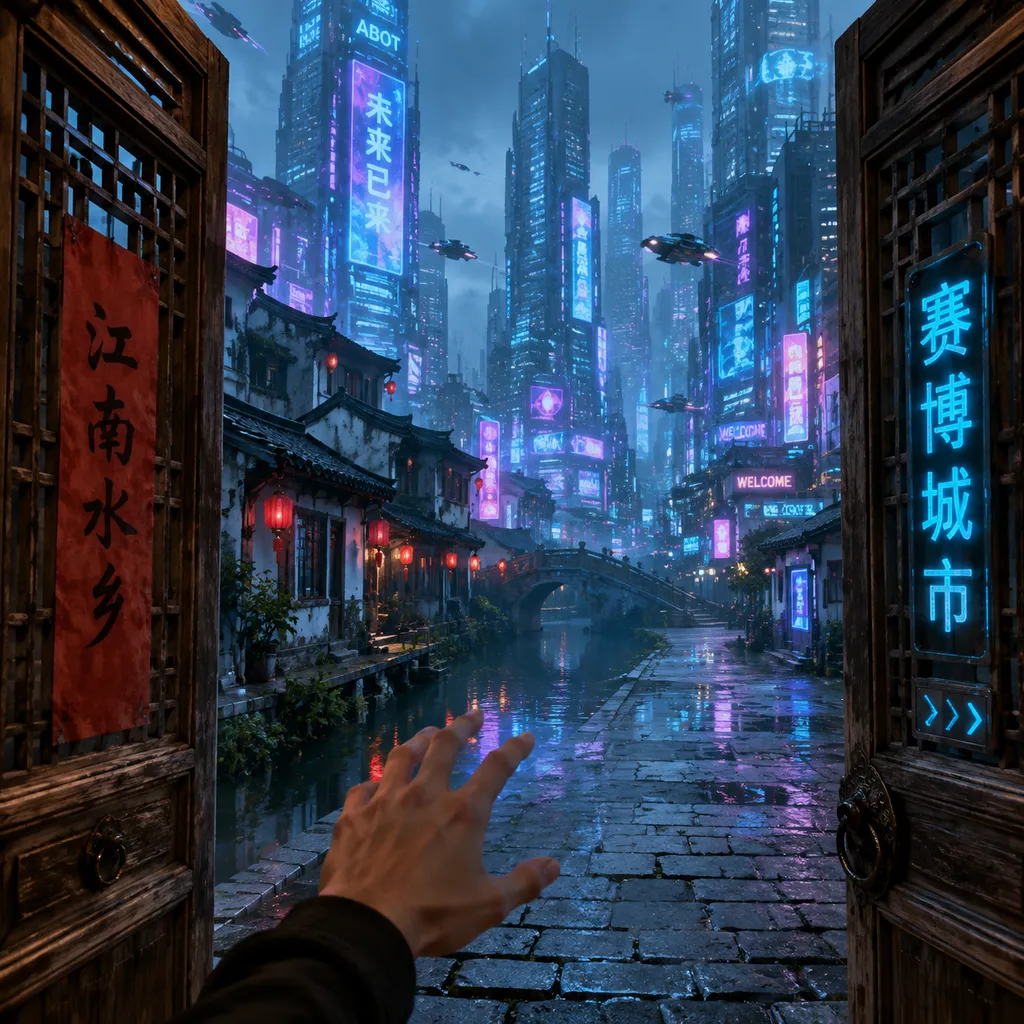 ABot-World Studio 生成的江南水乡场景,用户第一人称视角穿过木门进入赛博城市