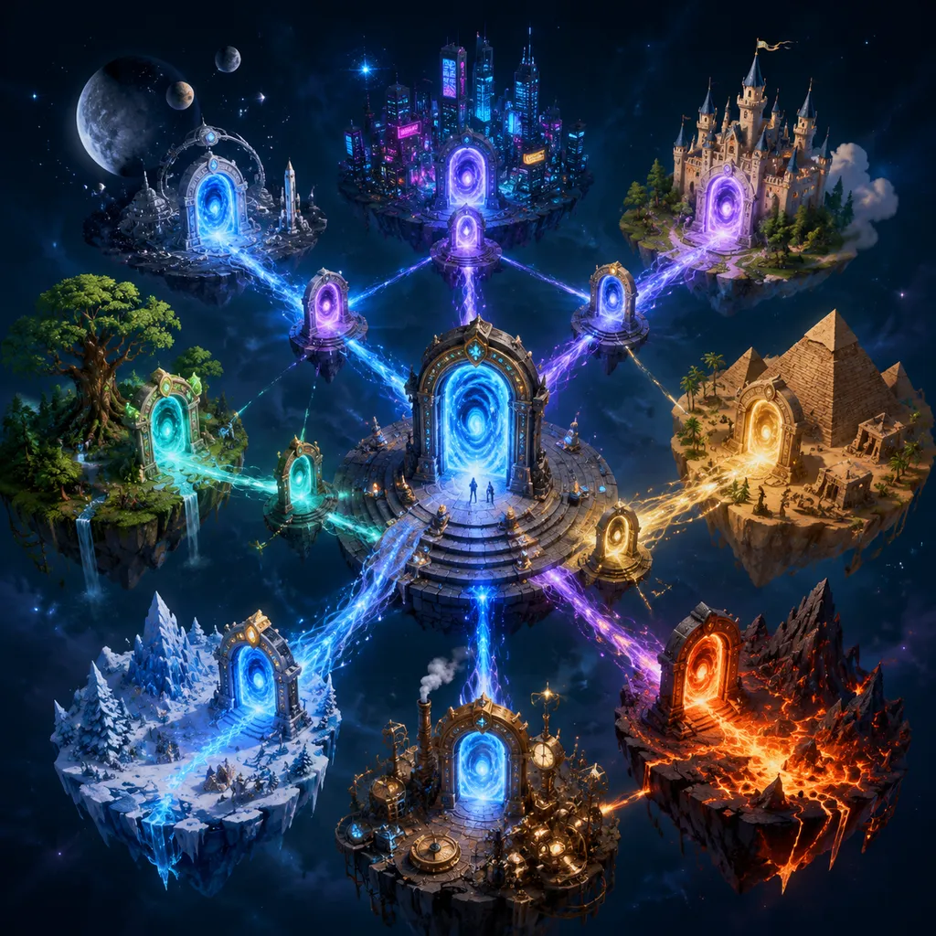 任意门机制示意图,多个不同风格3D世界通过传送门串联成网络