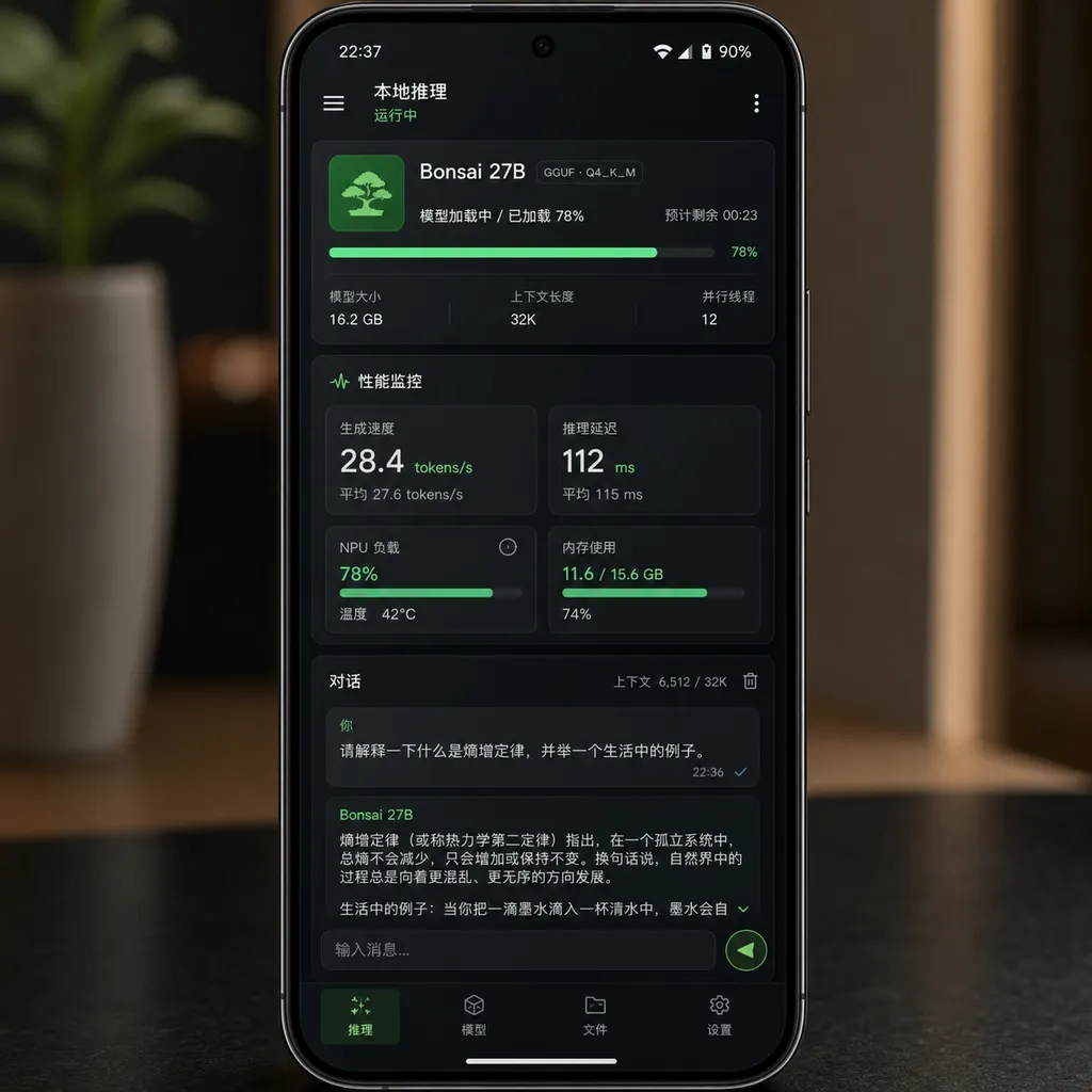 Screenshot of Bonsai 27B running locally on a flagship phone, showing model‑loading status and generation speed