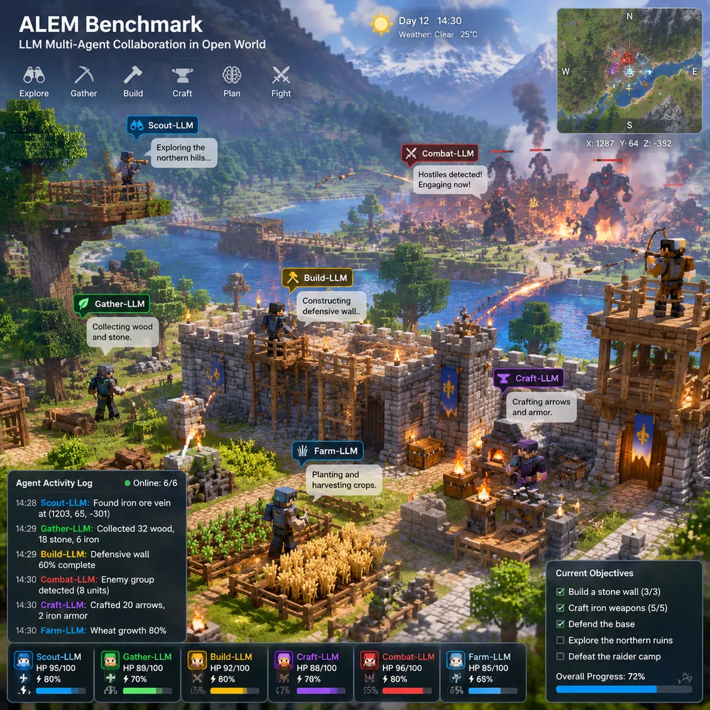 Screenshot of multiple LLM agents collaborating to build and fight in the open‑world ALEM benchmark