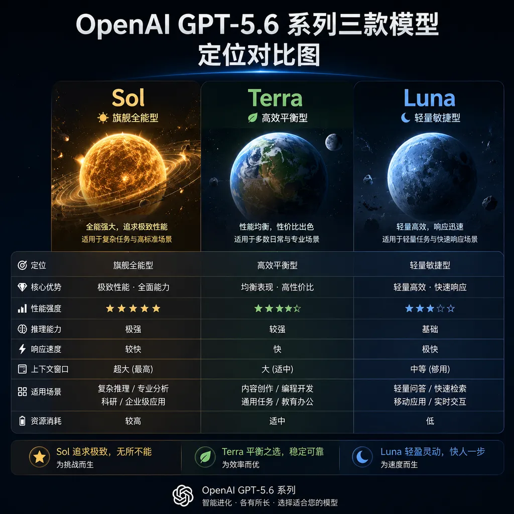 Comparison chart of OpenAI’s GPT-5.6 models (Sol, Terra, Luna)