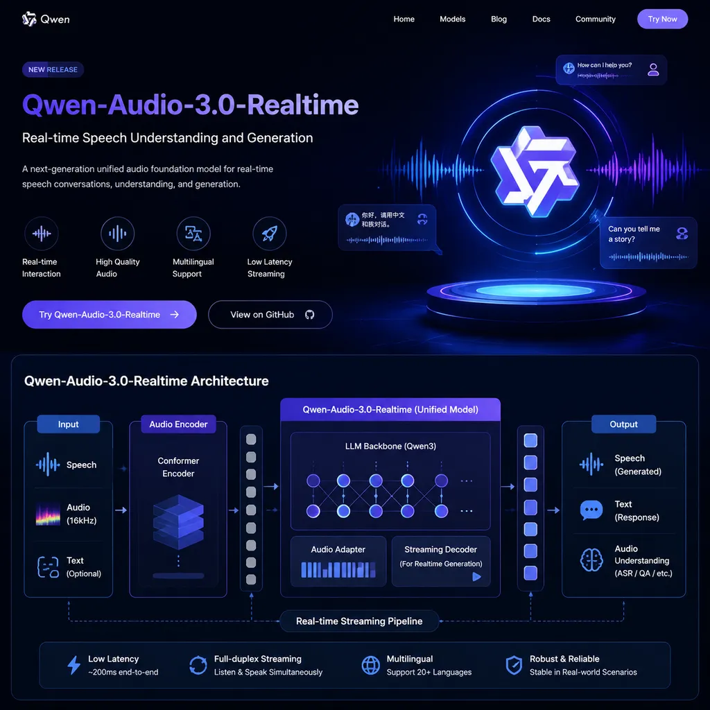 Qwen-Audio-3.0-Realtime release page and model architecture diagram