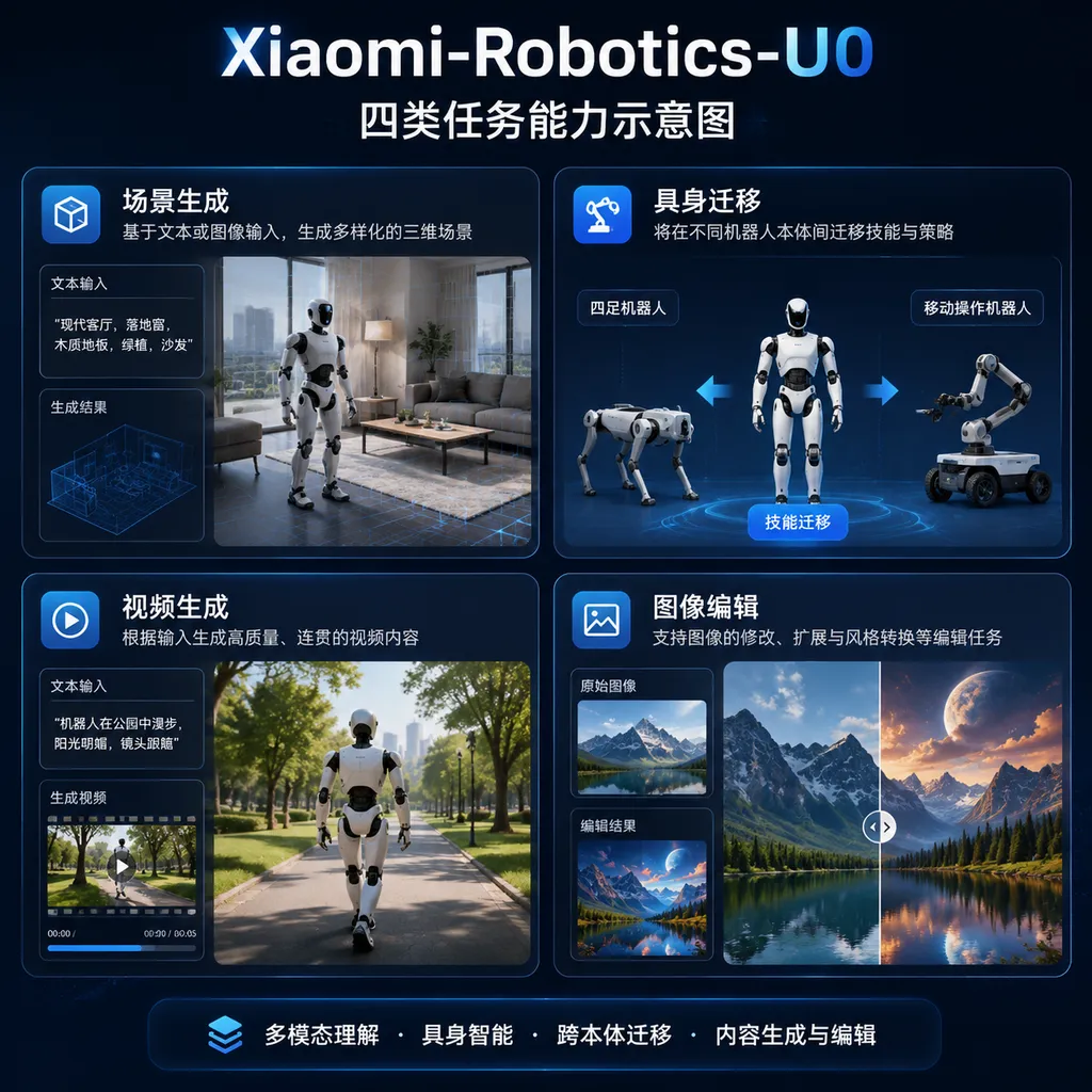 Xiaomi-Robotics-U0’s four task capabilities: scene generation, embodied transfer, video generation, and image editing