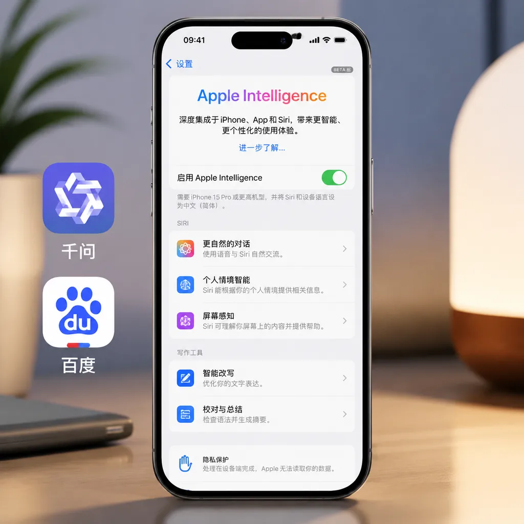 Apple Intelligence Chinese interface on an iPhone screen, with overlapping Qwen and Baidu icons