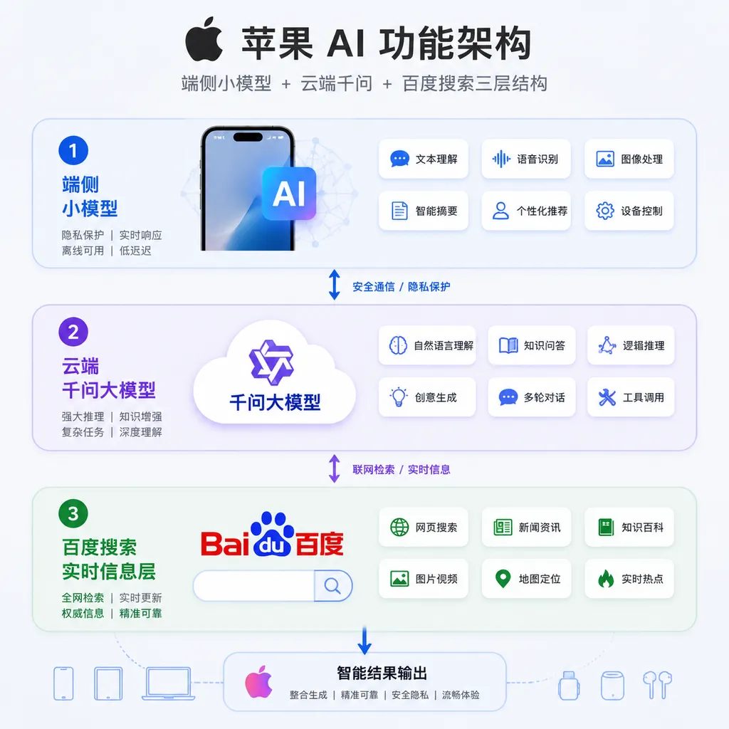 Schematic diagram of Apple AI architecture: on-device small model + cloud Qwen + Baidu search in three layers