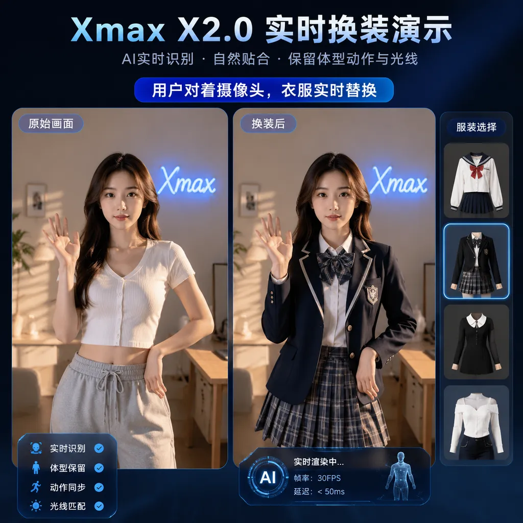 Xmax X2.0 real-time outfit change demo: the user faces the camera, the clothing changes in real time while body shape, motion, and lighting are preserved