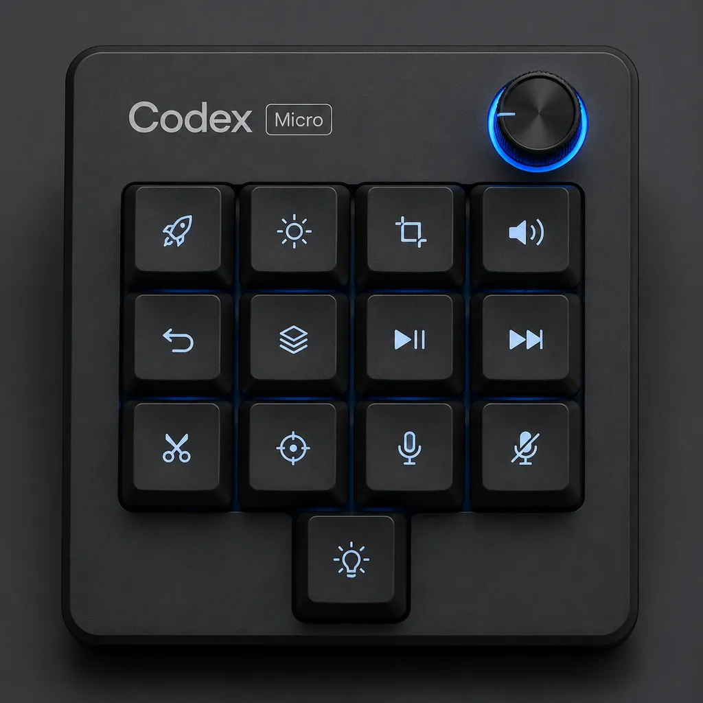 Front view of the Codex Micro macro keyboard, showing 13 low-profile mechanical keys in a square layout, a rotary encoder at the top right glowing with a blue circular light