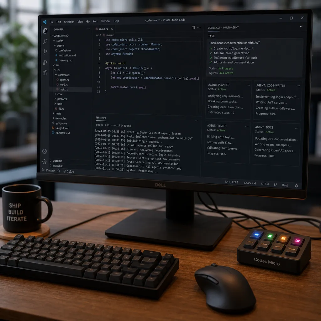 Developer desk setup, Codex Micro placed to the right of the main keyboard, multiple keys lit in different colors, display showing multi-agent output in Codex CLI within VS Code