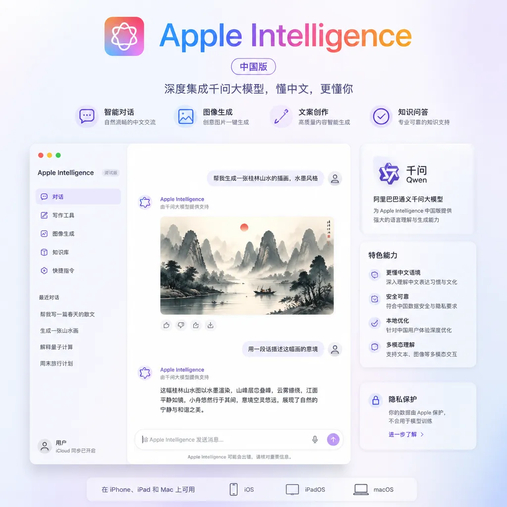 Apple Intelligence China version interface illustration, showing generative capabilities integrated with Qianwen