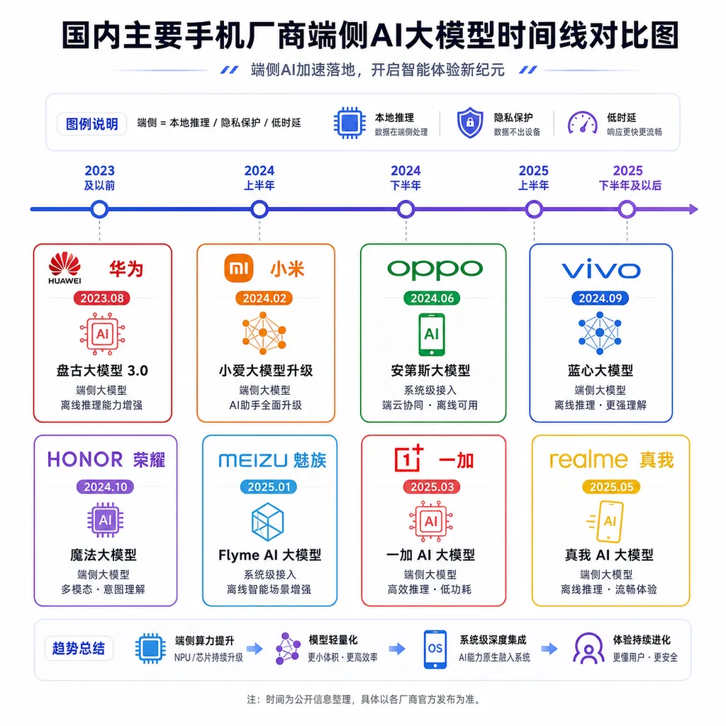 Comparison timeline of on-device AI large models by major Chinese smartphone brands