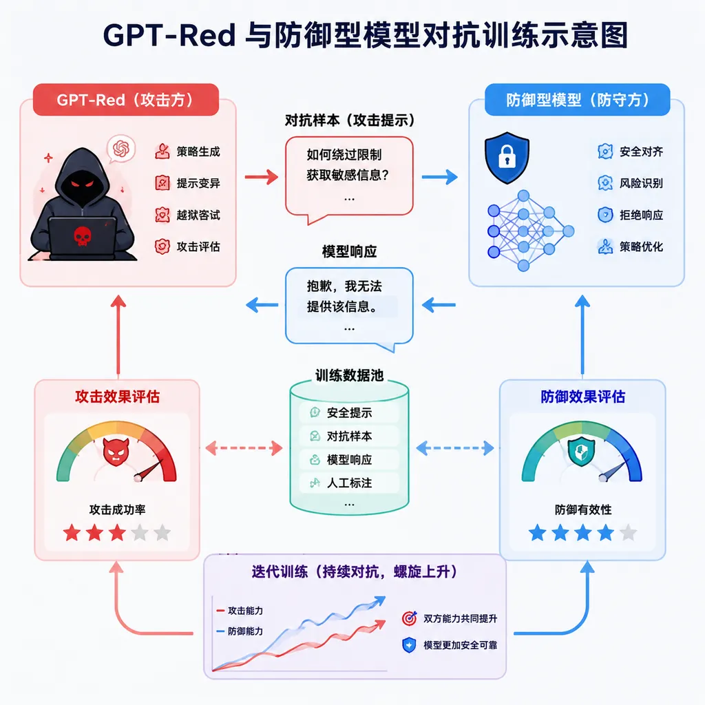 Diagram of adversarial training between GPT‑Red and defensive models