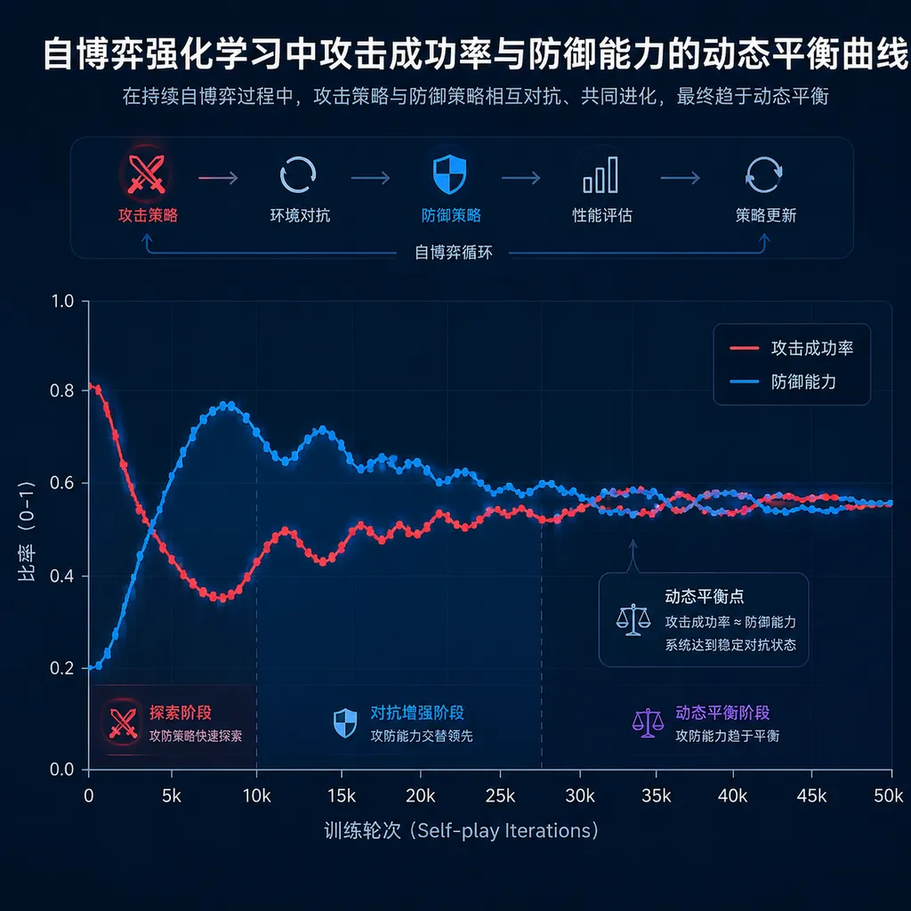 Dynamic balance curve of attack success rate vs. defense capability in self‑play RL