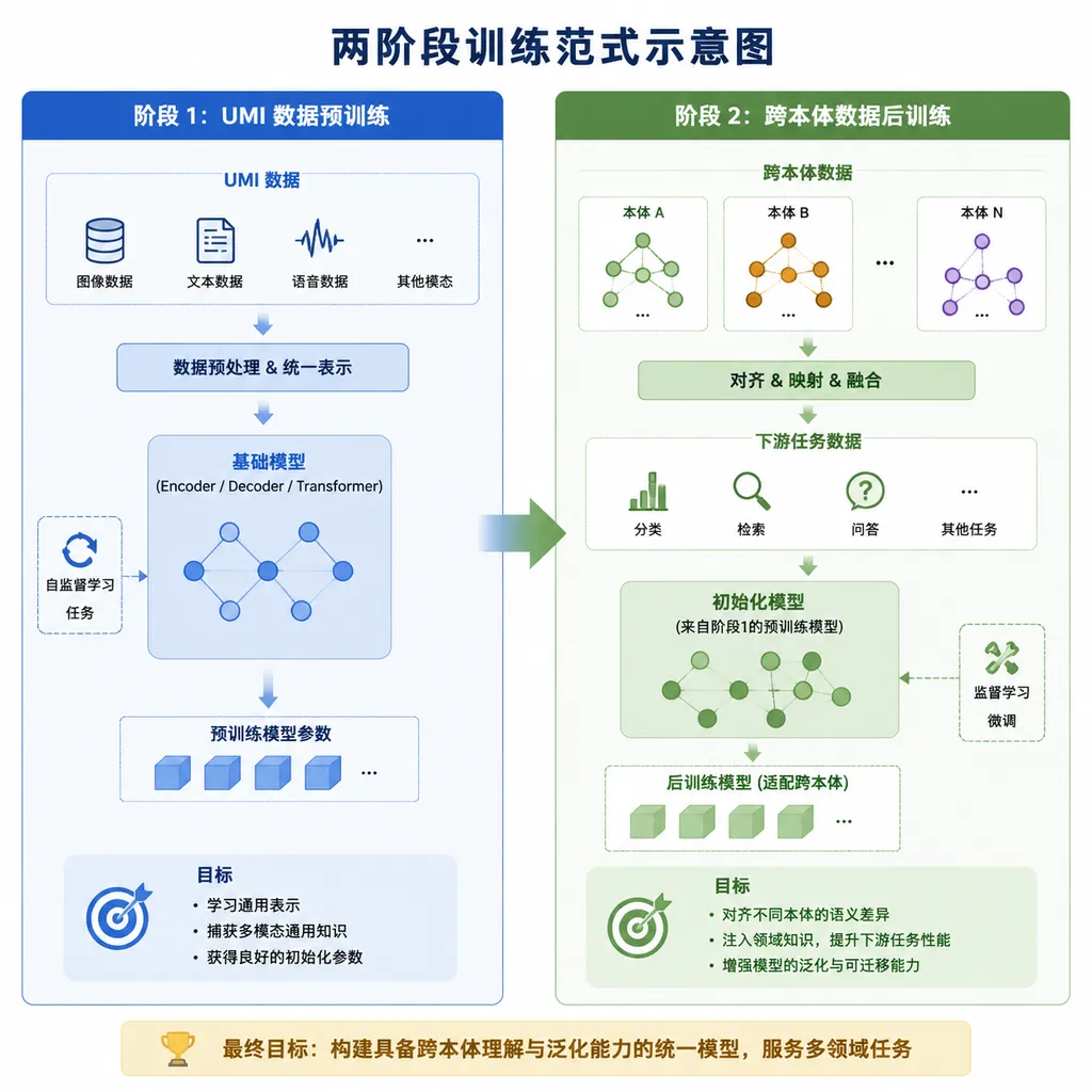 Two-stage training diagram: left — UMI pretraining; right — cross-embodiment posttraining