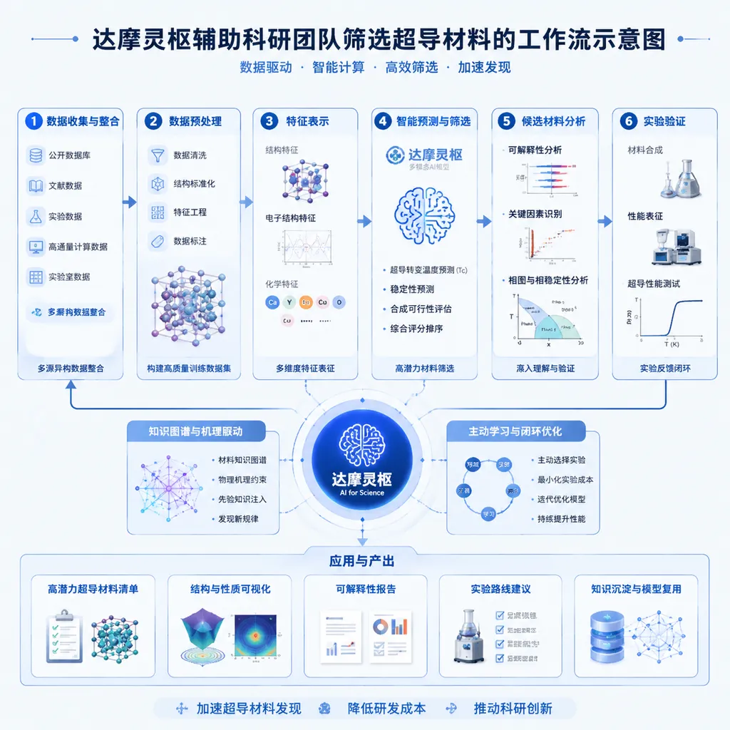 Workflow diagram of DAMO Lingshu assisting the research team in screening superconducting materials