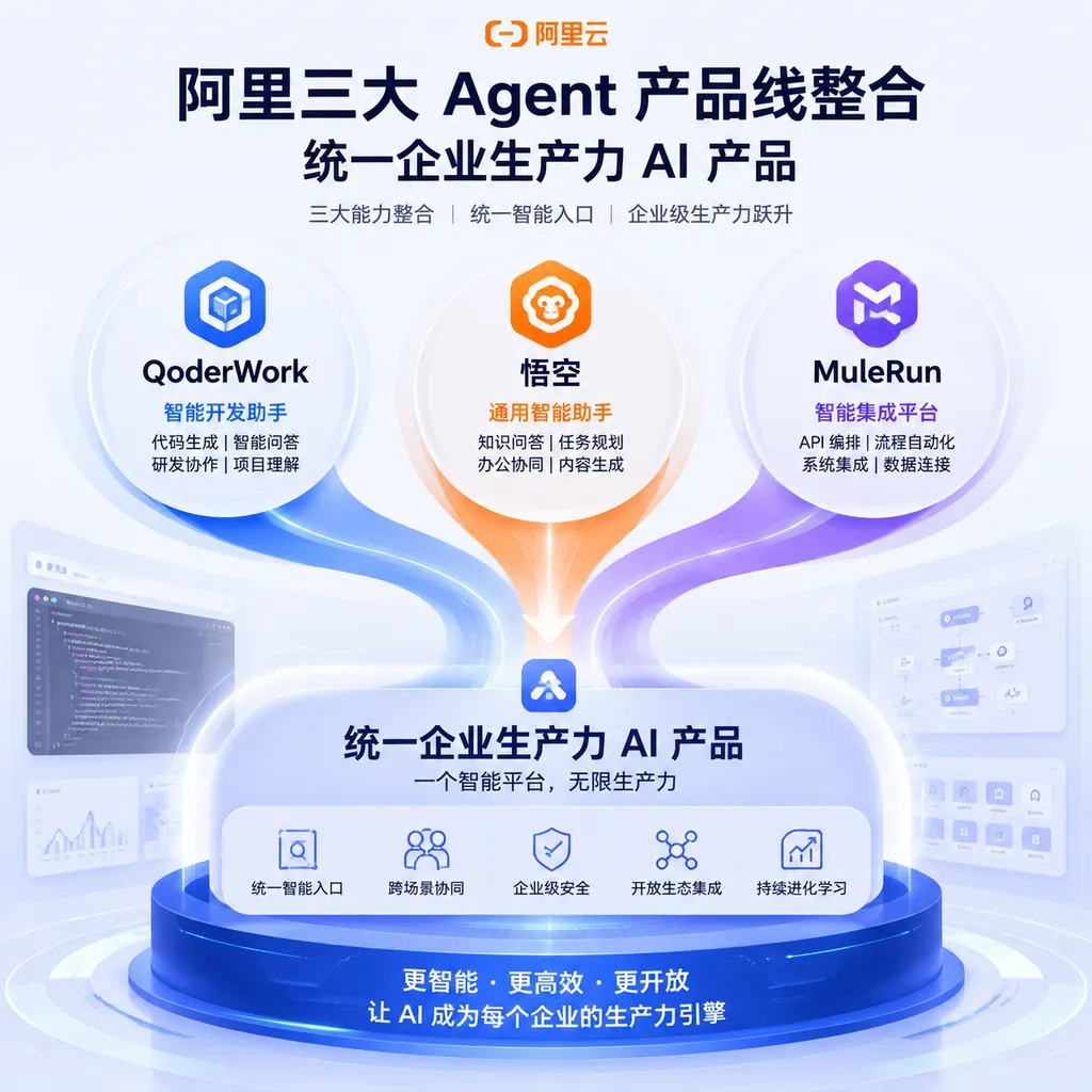 Diagram of the integration of Alibaba’s three major Agent product lines: QoderWork, Wukong, and MuleRun merged into a unified enterprise productivity AI product