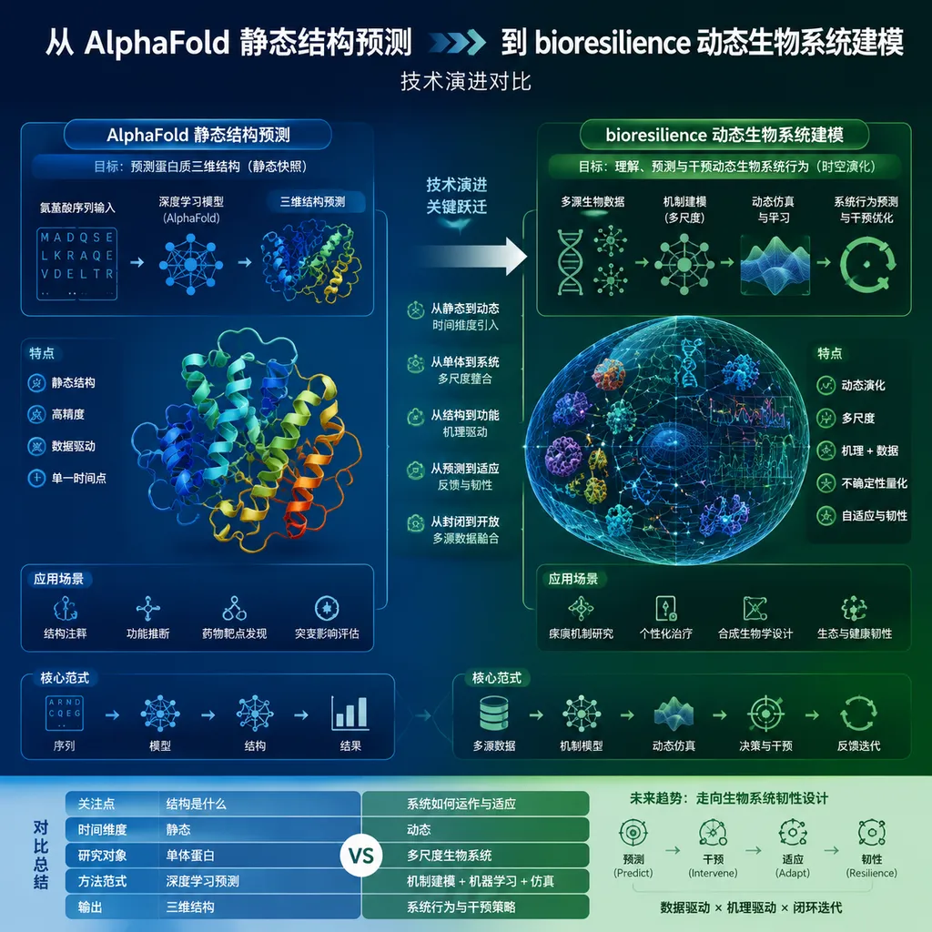 From AlphaFold’s static structural prediction to bioresilience’s dynamic biological‑system modeling