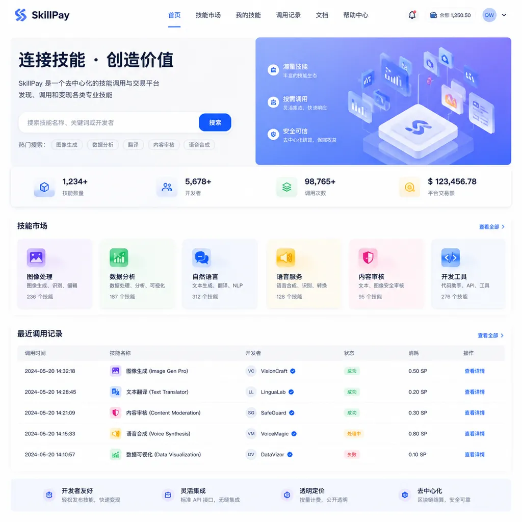 SkillPay homepage mockup showing skill marketplace and invocation records