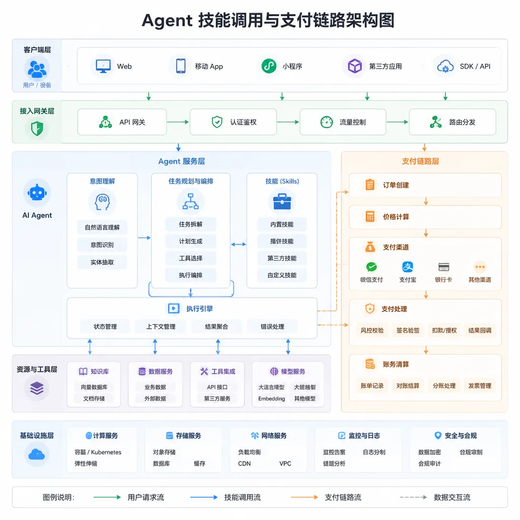 Architecture diagram of Agent skill invocation and payment flow