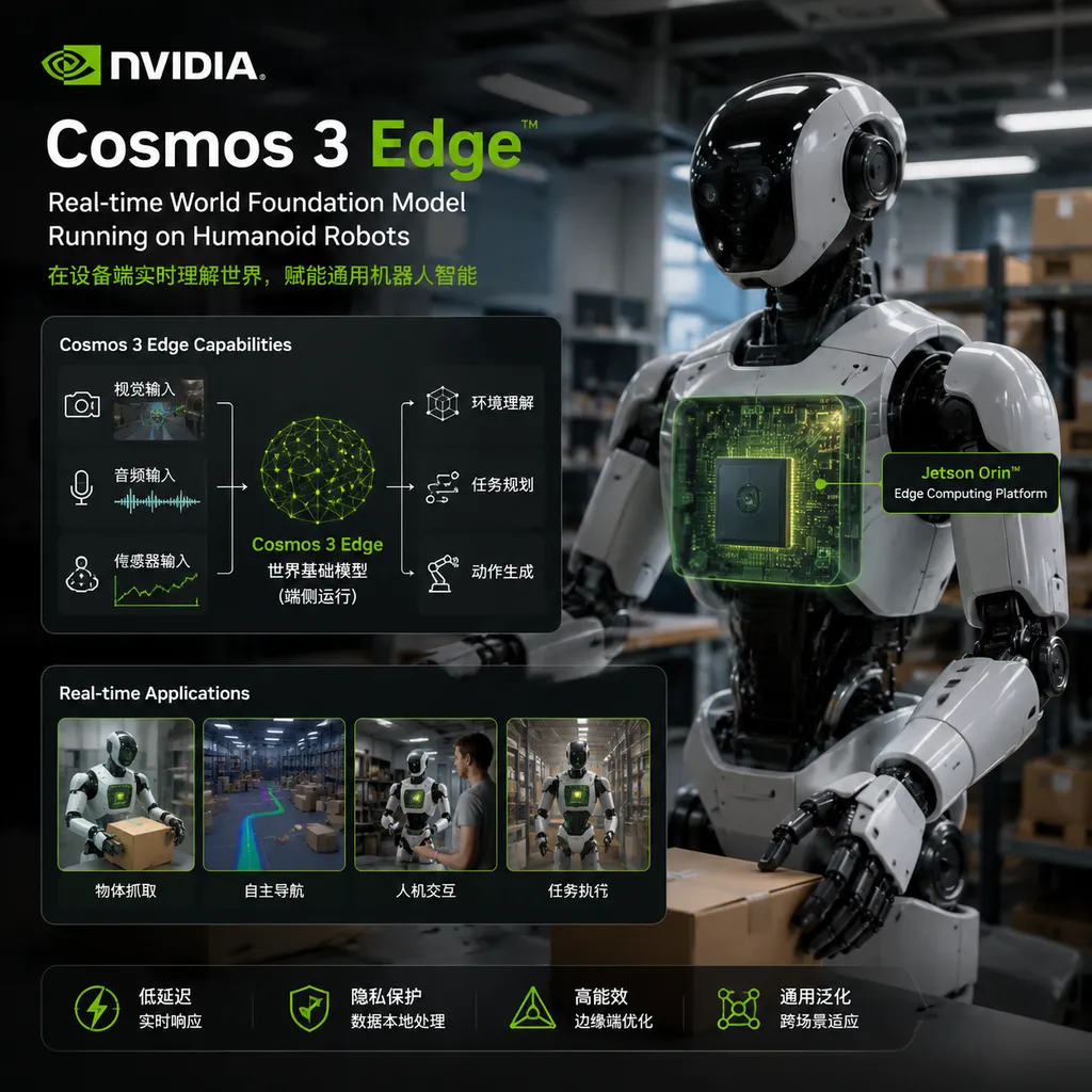 Illustration: NVIDIA Cosmos 3 Edge running on a humanoid robot