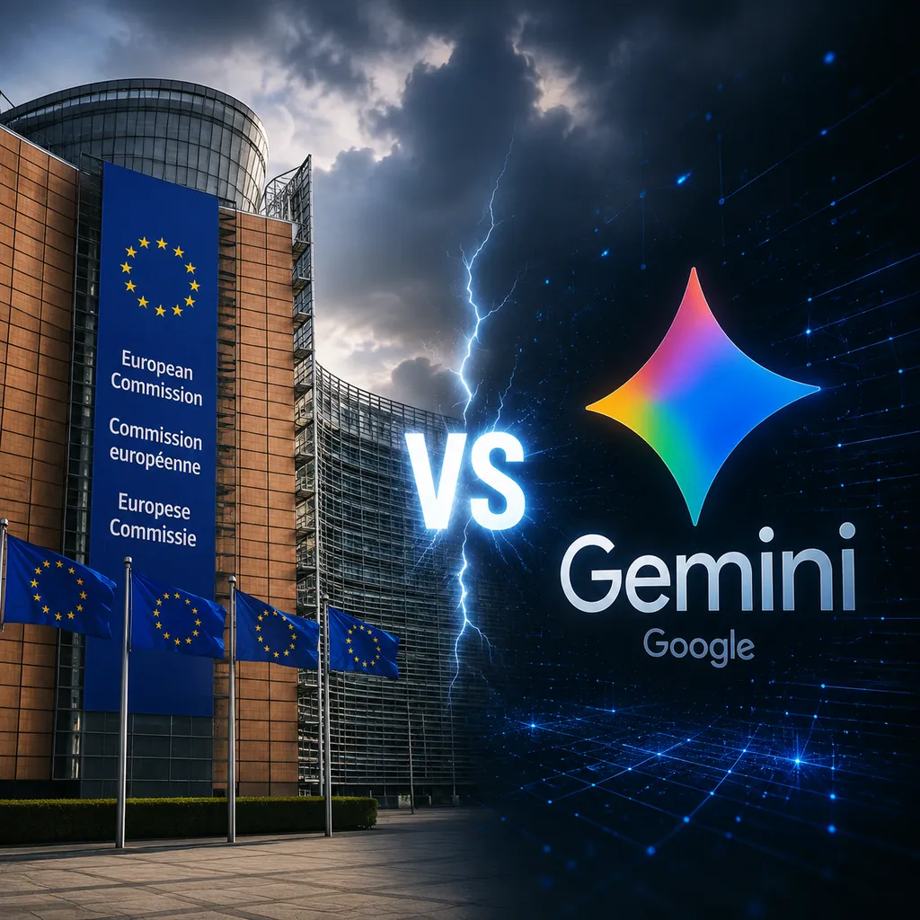 Illustration: EU Commission building facing off against Google Gemini logo