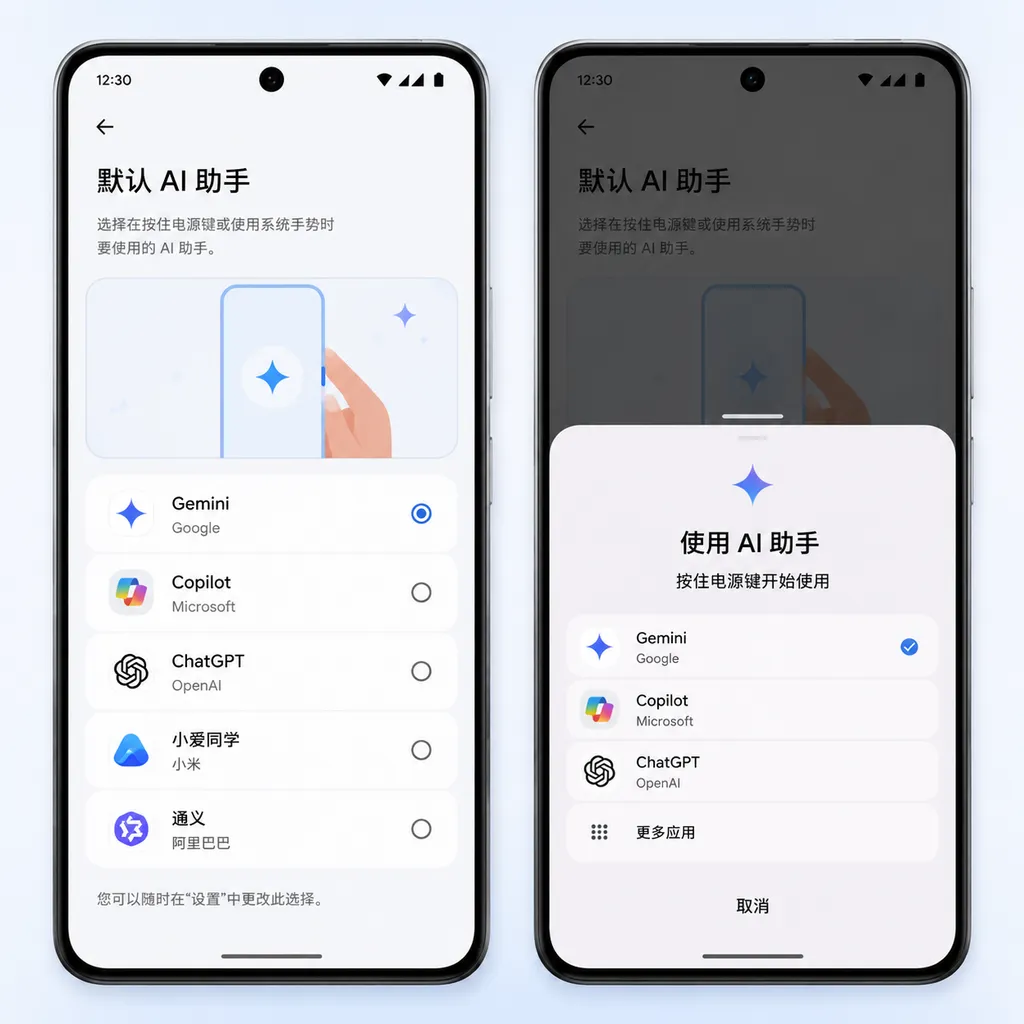 Concept UI: Android system AI‑assistant selector