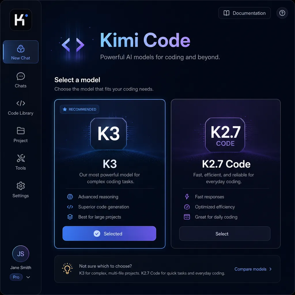 Kimi K3 model selection interface, showing K3 and K2.7 Code side by side in Kimi Code
