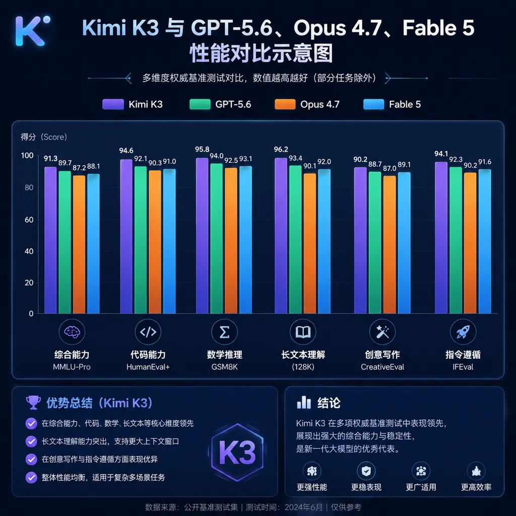 Performance comparison chart: Kimi K3 vs GPT-5.6, Opus 4.7, Fable 5