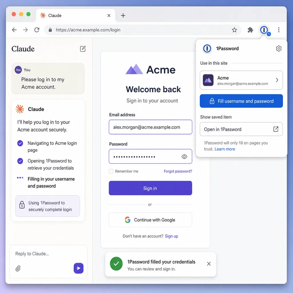 Illustration of Claude’s browser interface using 1Password to complete a login task