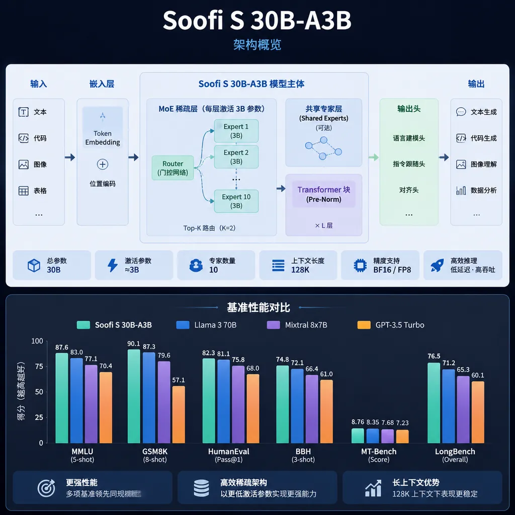 Soofi S 30B‑A3B architecture and benchmark comparison diagram