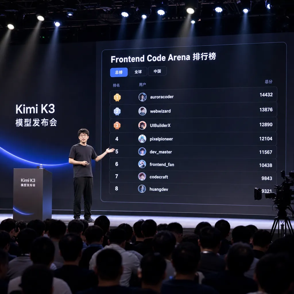 Kimi K3 launch event, with Yang Zhilin presenting the Frontend Code Arena leaderboard