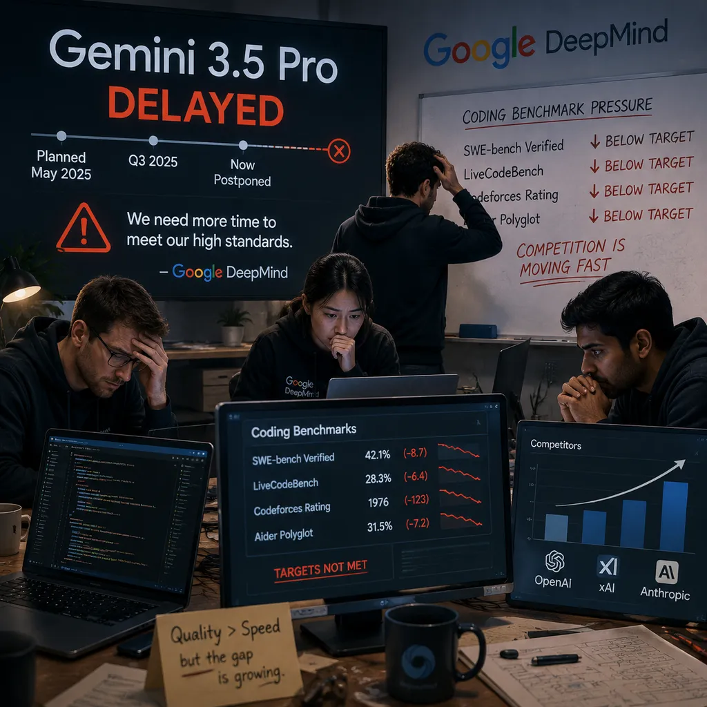 Illustration of the delayed release of Gemini 3.5 Pro, showing Google DeepMind’s team facing programming benchmark pressure