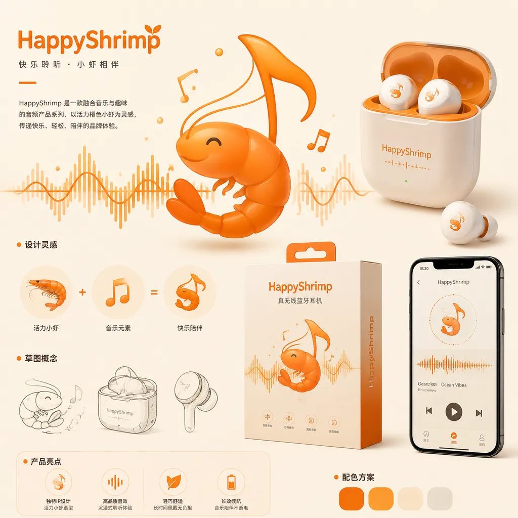 HappyShrimp product concept illustration, integrating orange Xiami elements with musical waveforms