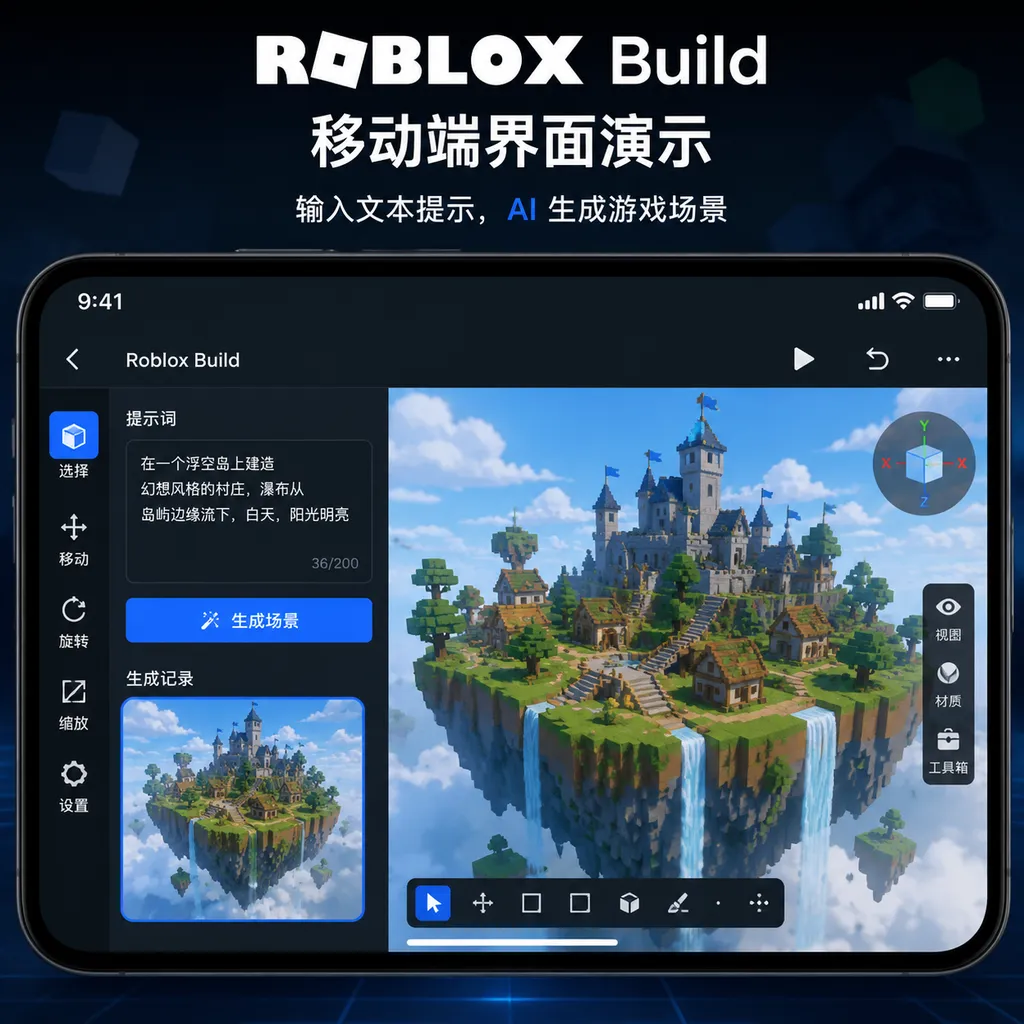 Roblox Build mobile interface demo—after entering a text prompt, the app generates a playable scene