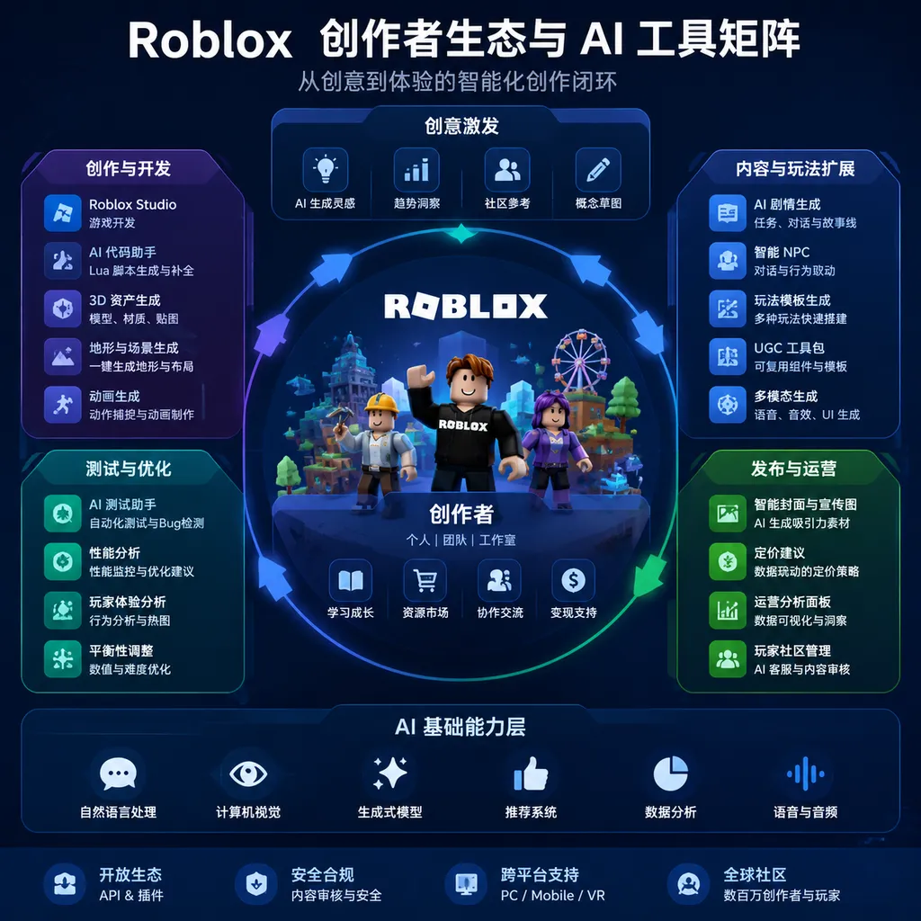 Diagram of Roblox’s creator ecosystem and AI tool matrix