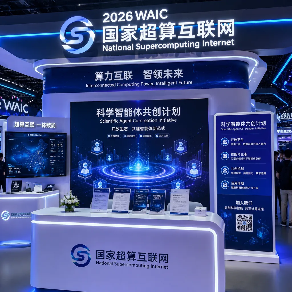 The National Supercomputing Internet booth at the 2026 WAIC, showcasing the Scientific Agent Co‑Creation Program promotional materials