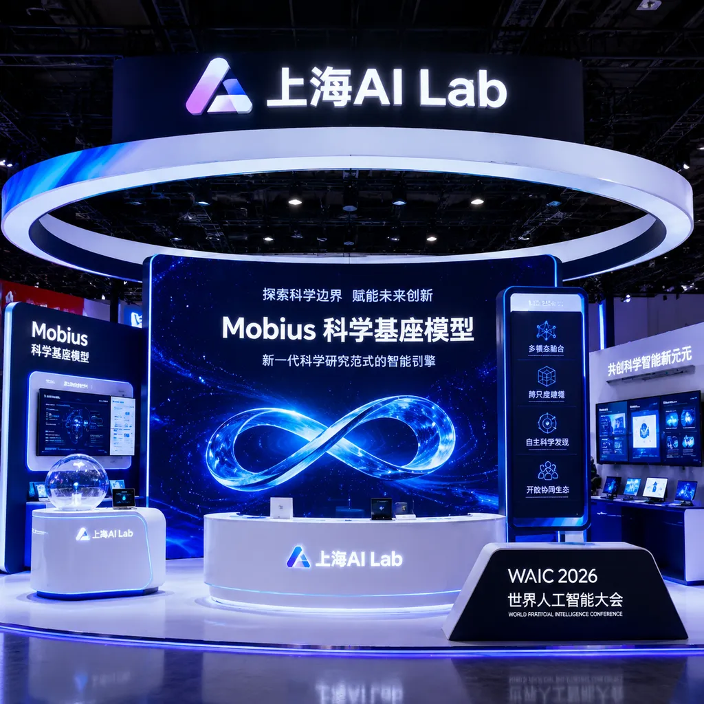 Shanghai AI Lab’s booth unveiling the Mobius scientific foundation model at WAIC 2026