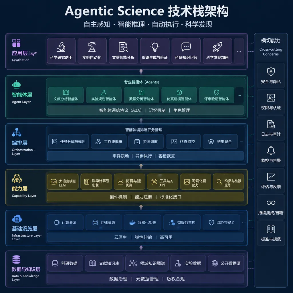 Architecture diagram of the Agentic Science technology stack