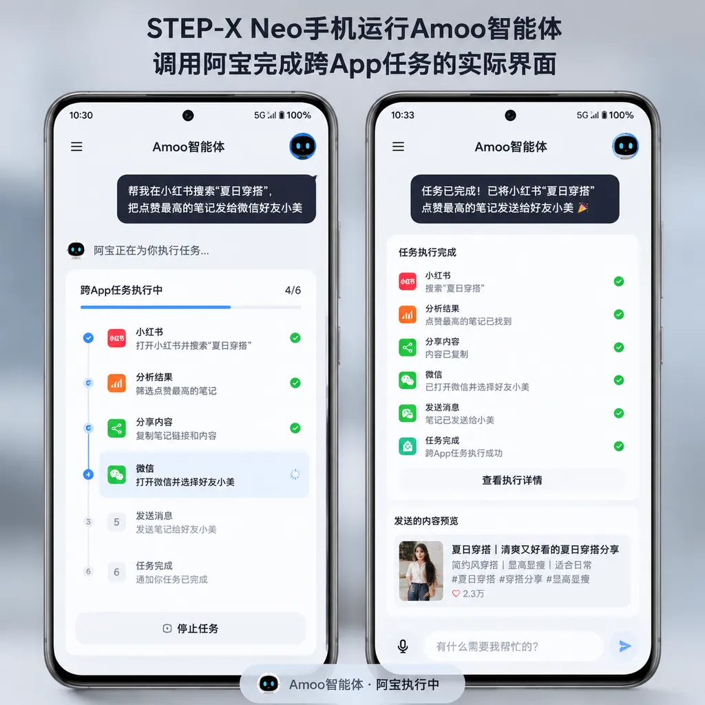 STEP-X Neo phone showing Amoo invoking Abao to complete a cross-app task