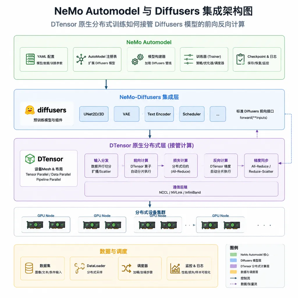 Integration architecture diagram of NeMo Automodel and Diffusers, showing how DTensor native distributed training takes over forward and backward passes in Diffusers models