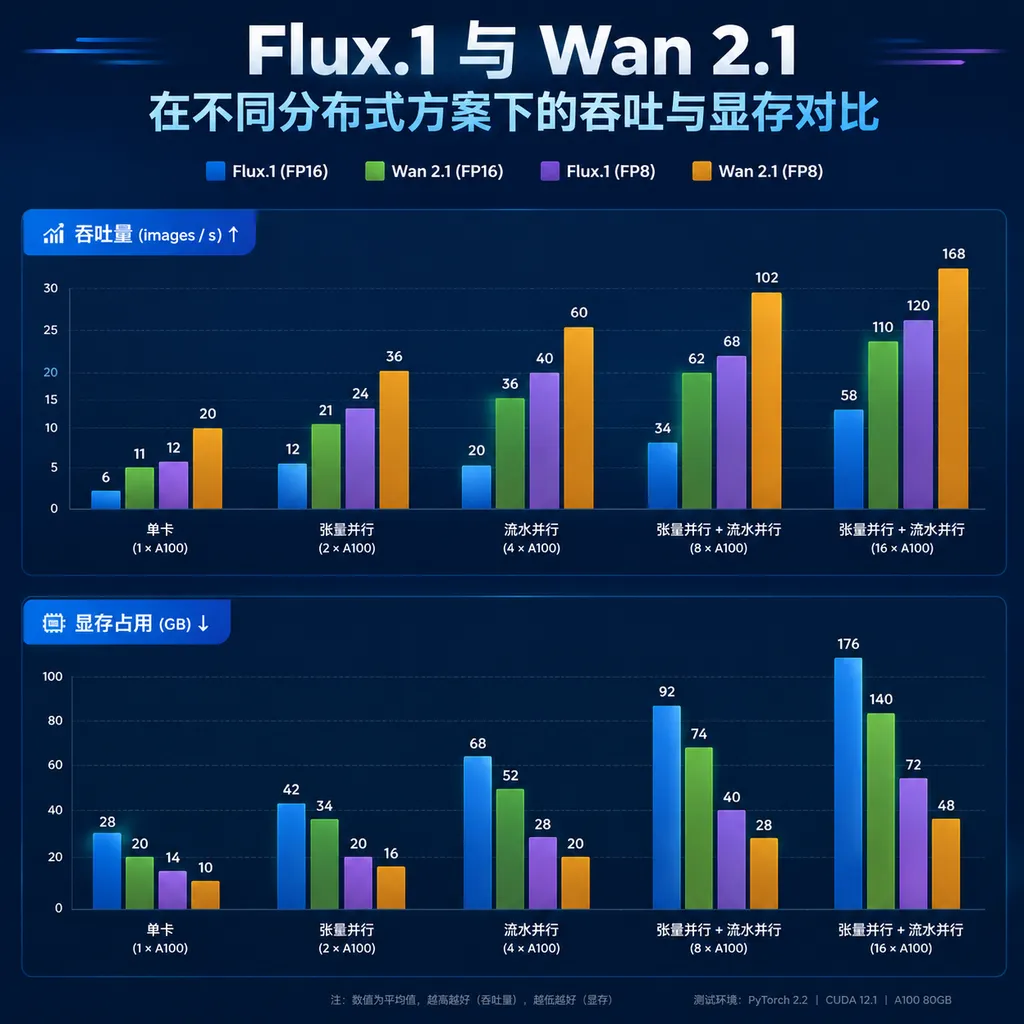 Bar chart comparing throughput and memory usage of Flux.1 and Wan 2.1 under different distributed setups