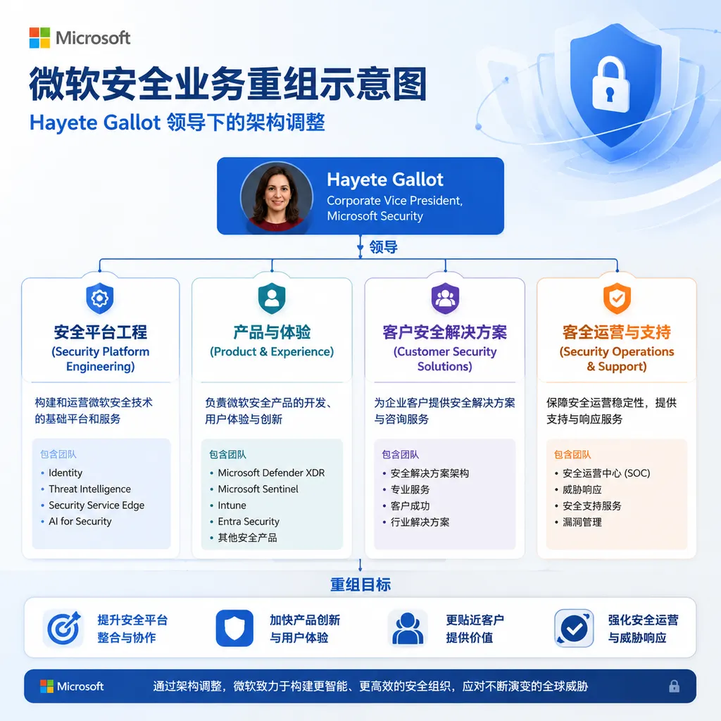 Diagram of Microsoft Security’s reorganization under Hayete Gallot’s leadership