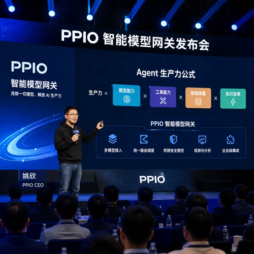 PPIO Intelligent Model Gateway launch event, CEO Yao Xin presenting the Agent productivity formula