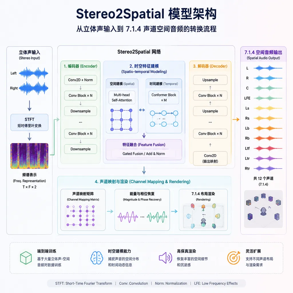 Diagram of the Stereo2Spatial model architecture, showing the conversion from stereo input to 7.1.4-channel spatial audio