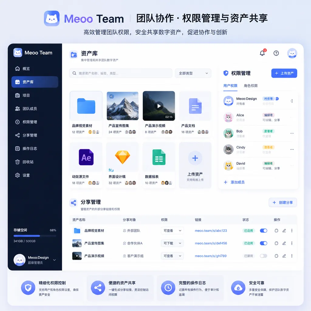 Meoo Team collaboration interface showing permission and asset-sharing features