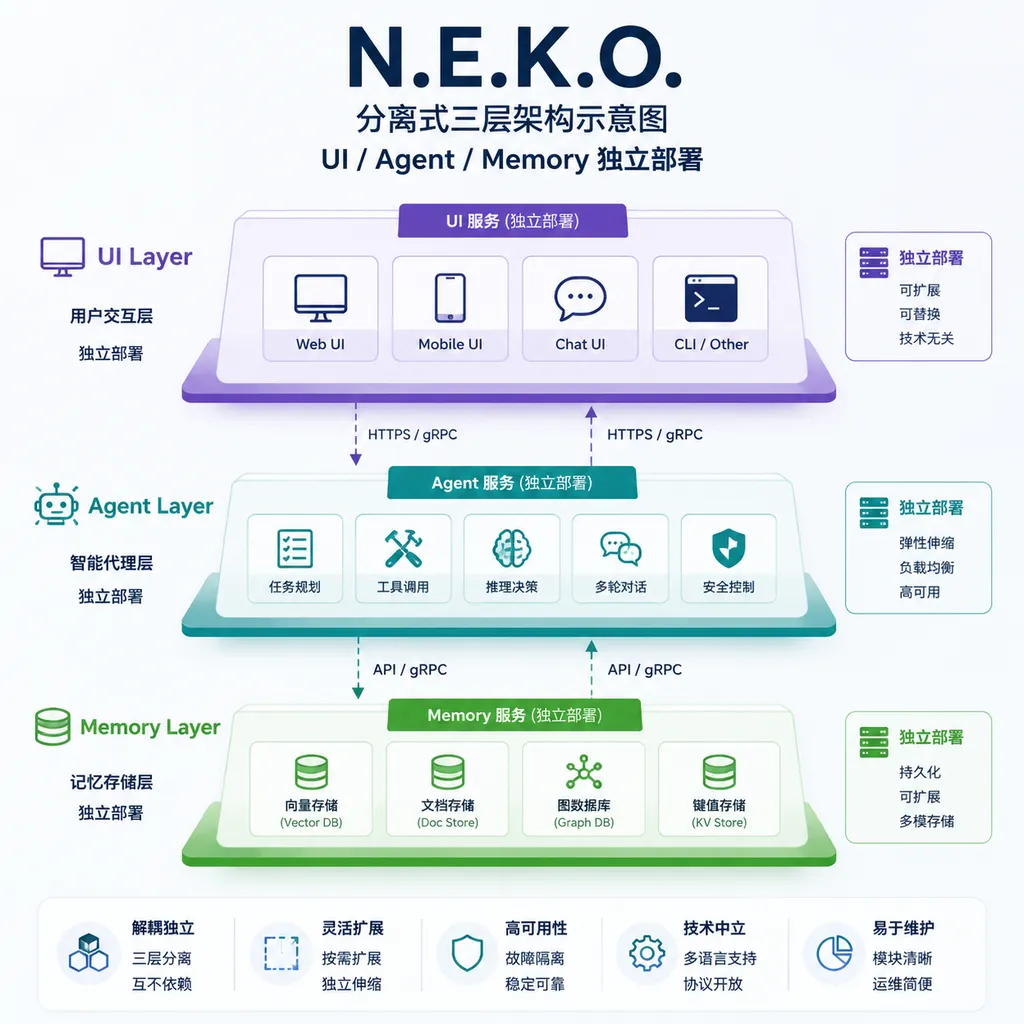 Diagram of N.E.K.O.’s modular three-layer architecture—UI/Agent/Memory deploy independently