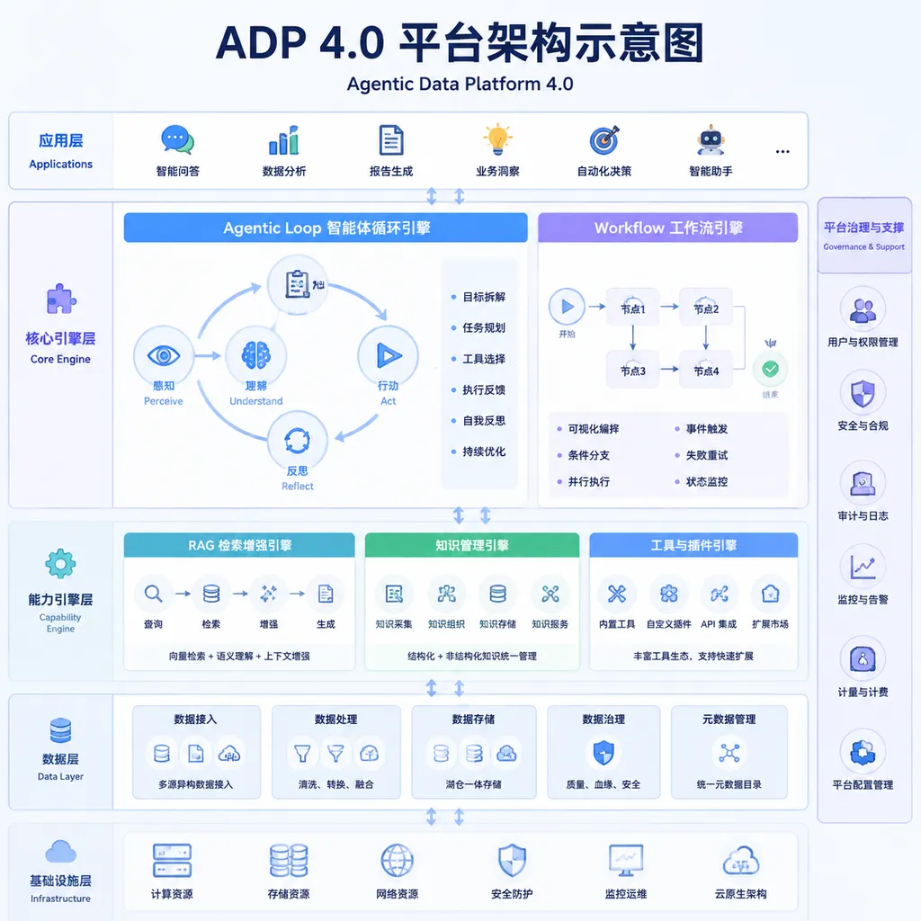 ADP 4.0 Platform Architecture Diagram showing Agentic Loop, Workflow, RAG engines