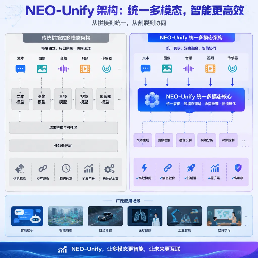 NEO‑Unify architecture vs. traditional stitched multimodal architecture